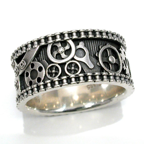 Mens Bike Chain Gear Ring - Steampunk Sterling Silver - Wedding Engagement Ring