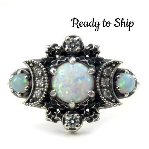 Ready to Ship size 6 - 8 Lab Opal Cosmos Moon and Star Ring - Sterling Silver with White Diamonds
