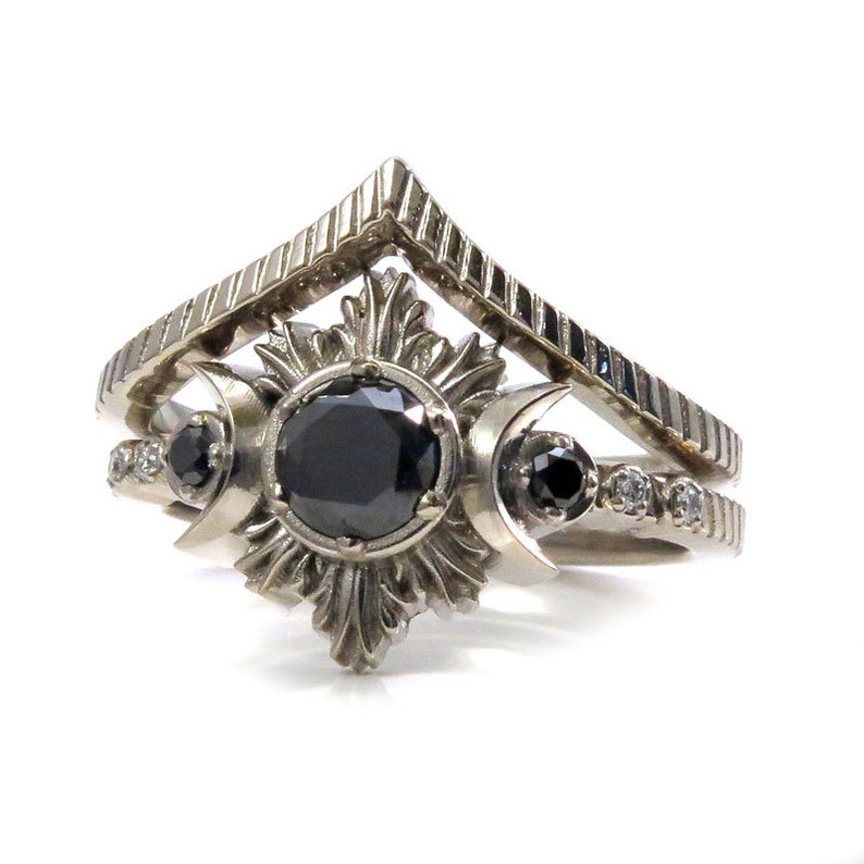 New Moon Gothic Black Diamond Engagement Ring Set Black Etsy