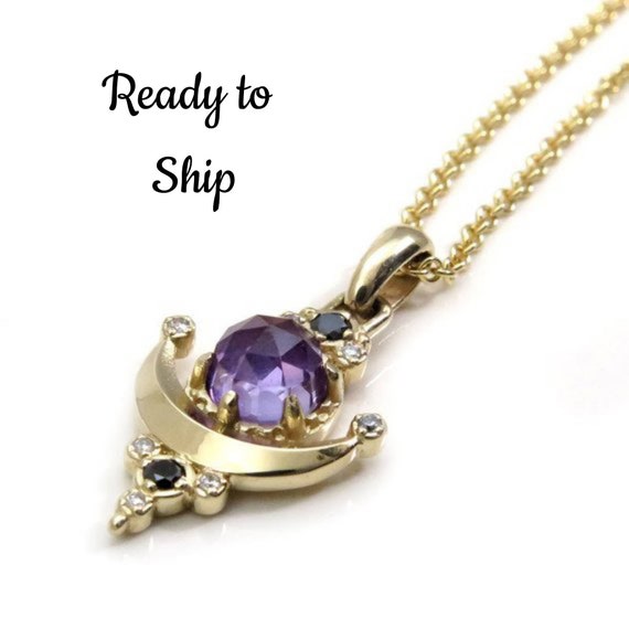Lab Alexandrite Moon Anchor Pendant - Color Change - 14k Yellow Gold with Black and White Diamonds - Ready to Ship