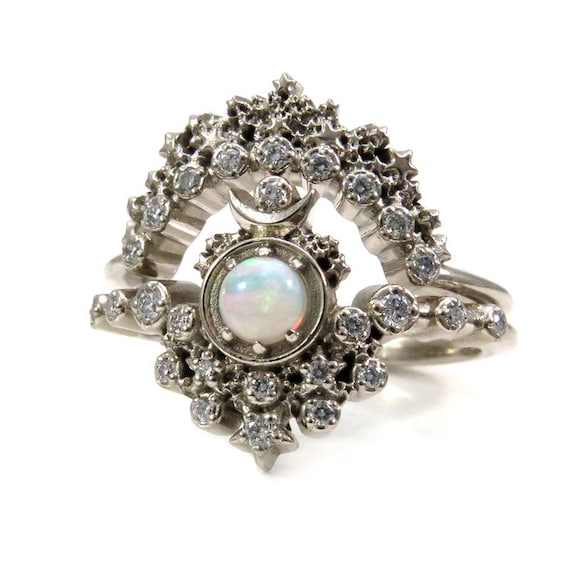 Moon Witch Engagement Ring Set - Australian Opal and Diamonds with Star Crown Diamond Wedding Band