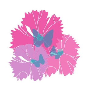 May include: An illustration of three stylized flowers in shades of pink and purple, with white outlines. Each flower has a blue butterfly in the center. The background is white.