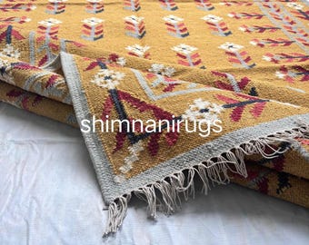 Mustard Yellow Kilim Rug, Handwoven Wool Area Rug, Scandinavian Geometric Carpet, Boho Tribal Decor, Living Room, Handmade Floor Mat