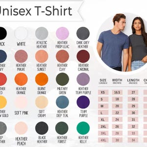Puede incluir: Tabla de colores de camisetas unisex con colores como negro, blanco y azul marino jaspeado. La tabla incluye una gu&iacute;a de tallas con medidas en cm para ancho, largo y pecho.