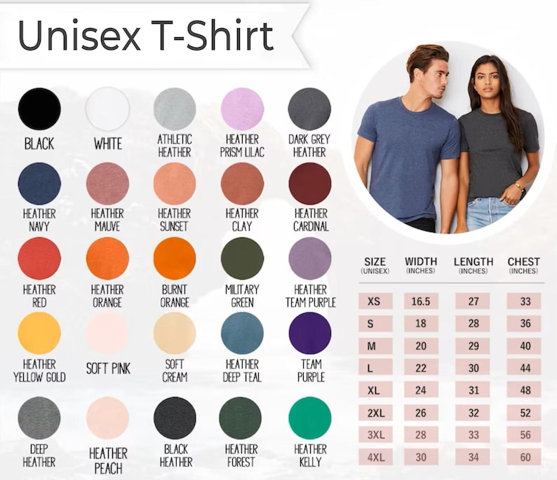 Puede incluir: Tabla de colores de camisetas unisex con colores como negro, blanco y azul marino jaspeado. La tabla incluye una gu&iacute;a de tallas con medidas en cm para ancho, largo y pecho.
