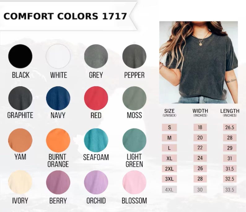 Puede incluir: Una carta de colores de camisetas Comfort Colors 1717 con varios colores, incluyendo negro, blanco y rojo. La tabla tambi&eacute;n muestra las medidas de tallas en pulgadas, desde la S hasta la 4XL, con las dimensiones correspondientes de ancho y largo.