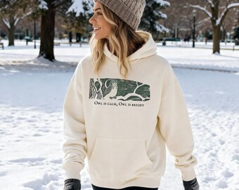 Woodland Owl Hoodie — Cozy Winter Nature Sweatshirt, Vintage Woodcut