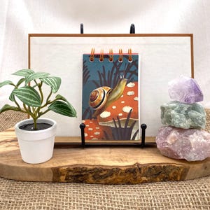 May include: A small, decorative notepad with an orange spiral binding and a snail illustration, displayed on a wooden slab. A small potted plant and a stack of colorful crystals are also present. The notepad features a snail on a mushroom.