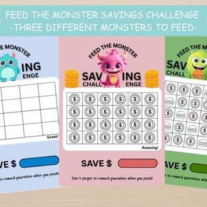 May include: Three colourful printable savings challenges with monster themes. Each chart features a different monster and a grid for tracking savings. The text reads "Feed the Monster Savings Challenge" and "Save £". Perfect for birthdays and allowances.