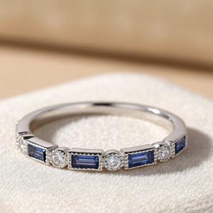 14K White gold diamond wedding band women Unique Baguette sapphire wedding band vintage Half eternity Bridal Matching Stacking Promise gift