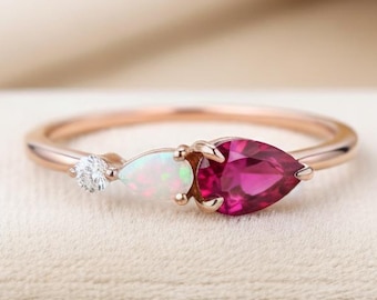 Vintage Ruby Opal Ring: Art Deco Moissanite Wedding Band, Rose Gold Ring