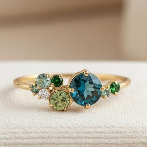 14k Solid Gold Teal Sapphire Bridal Wedding Ring, Multi Sapphire Cluster Engagement Ring, Women Handmade Jewelry Vintage Dainty Promise Ring
