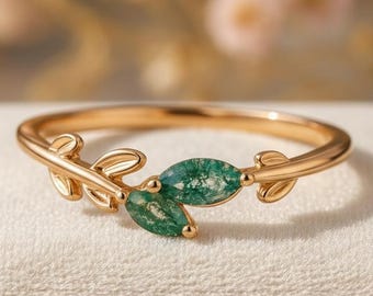 Moss Agate Leaf Ring, Dainty Sterling Silver Branch Ring