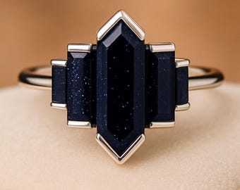 Hexagon Blue Sandstone Ring: Vintage Rose Gold Engagement Ring