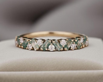 Baguette Moss Agate Ring: Art Deco Sterling Silver Wedding Band