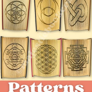 May include: Six open books with carved geometric patterns on their pages. The designs are in black, set against the beige of the pages. The text "Patterns to craft your own" is displayed at the bottom of the image.