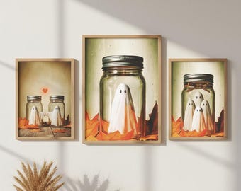Ghost Mason Jar Print Set: Farmhouse Halloween Wall Art, Ghost Couple Love (Digital Download)