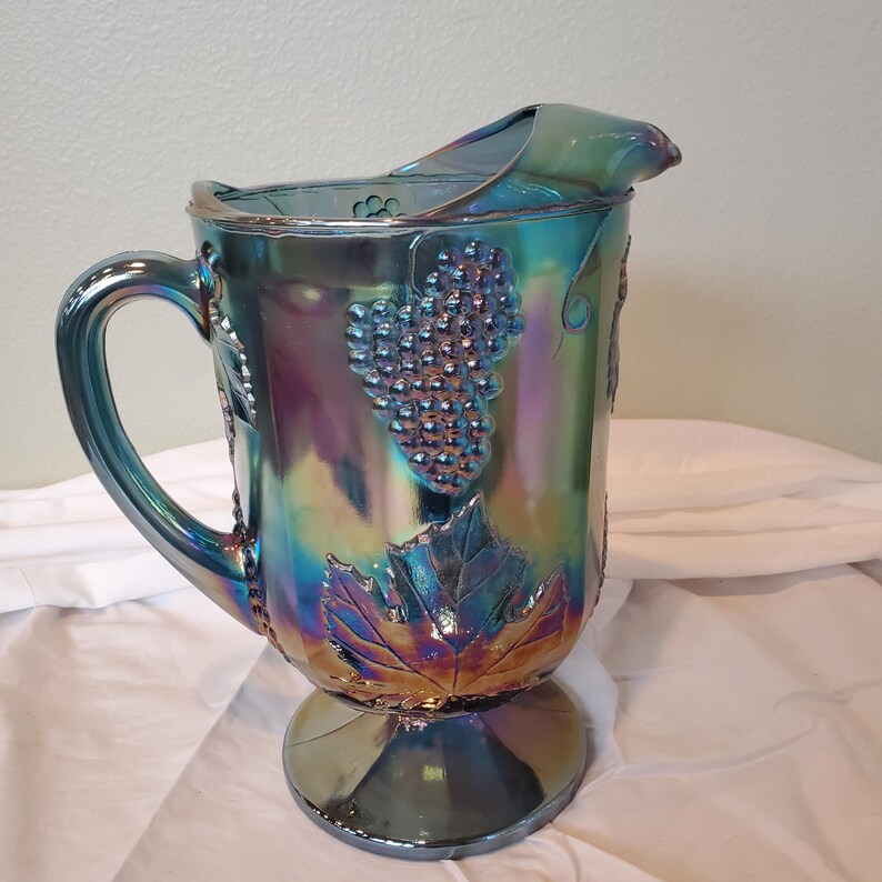 Color Pitcher Vintage Indiana Glass Blue Carnival Glass Pitcher With Grape and Leaf ...