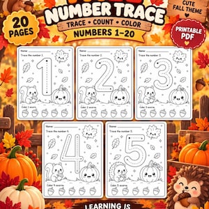 May include: A printable PDF educational worksheet set titled Fall Number Trace featuring numbers 1-20. The pages include traceable numbers, counting activities with acorns, and illustrations of squirrels, hedgehogs, and pumpkins in a fall theme.