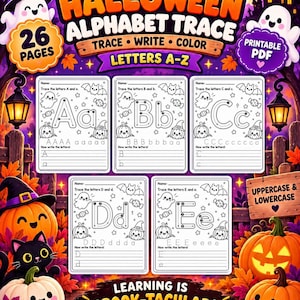 Halloween Theme A-Z Alphabet Tracing Learning Worksheets,  Handwriting Seasonal Activity, Kindergarten Pre-K Preschool ABC Printable Pages