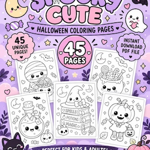 Puede incluir: Una colección digital de 45 páginas para colorear de Halloween Spooky Cute con dibujos en blanco y negro de una momia, un caldero, una poción, libros de hechizos y una calabaza sobre un fondo morado claro con texto.