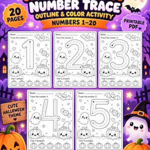 Pode incluir: Um conjunto de atividades de traçado de números com tema de Halloween, com 20 páginas imprimíveis. As folhas incluem os números 1-20, contornos de fantasmas, abóboras, morcegos e doces para colorir, com o texto Halloween Number Trace.