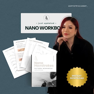 May include: A workbook titled "Nano Hairstrokes Pattern Workbook" with practice sheets. The cover features a black and white feather design. The image also includes the text "Instant Download" on a gold seal.