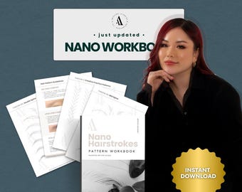 May include: A workbook titled "Nano Hairstrokes Pattern Workbook" with accompanying practice sheets. The cover features a black and white feather design. The image also includes the text "Instant Download" on a gold seal.