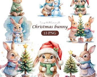 May include: Watercolor illustrations of adorable bunnies in winter attire. The bunnies are wearing sweaters, scarves, and Santa hats, and are interacting with snowmen and Christmas trees. The text "Christmas bunny" and "13 PNG" are also visible.