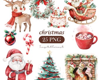 Puede incluir: Ilustraciones en acuarela con temática navideña. Incluye un reno con bufanda roja, Papá Noel, un árbol de Navidad, una corona, un pastel, una taza de chocolate caliente, un bastón de caramelo y una chimenea con calcetines. También está el texto "christmas 25 PNG".