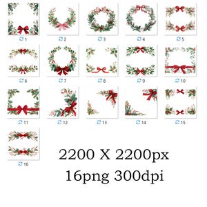 Puede incluir: Una colecci&oacute;n de 16 dise&ntilde;os navide&ntilde;os en acuarela. Cada dise&ntilde;o presenta acebo, vegetaci&oacute;n y lazos rojos. Los dise&ntilde;os incluyen coronas, bordes y acentos de esquina, ideales para tarjetas navide&ntilde;as.