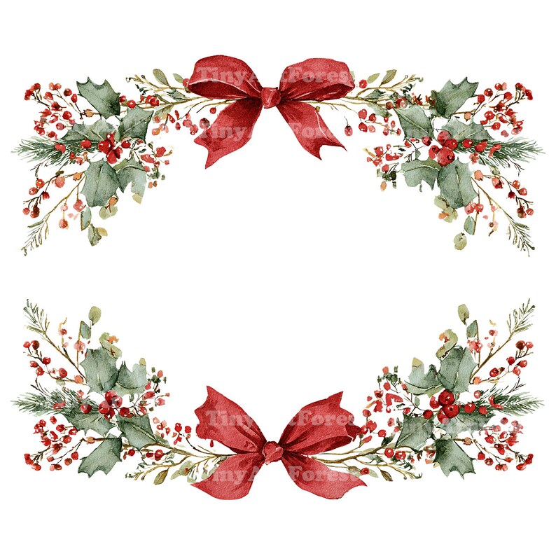 Puede incluir: Ilustraci&oacute;n en acuarela de dos arreglos florales navide&ntilde;os. Cada arreglo presenta un lazo rojo vibrante, hojas de acebo, bayas rojas y ramitas de vegetaci&oacute;n. El texto "Tiny Forest" es visible en los lazos. El dise&ntilde;o est&aacute; sobre un fondo blanco.