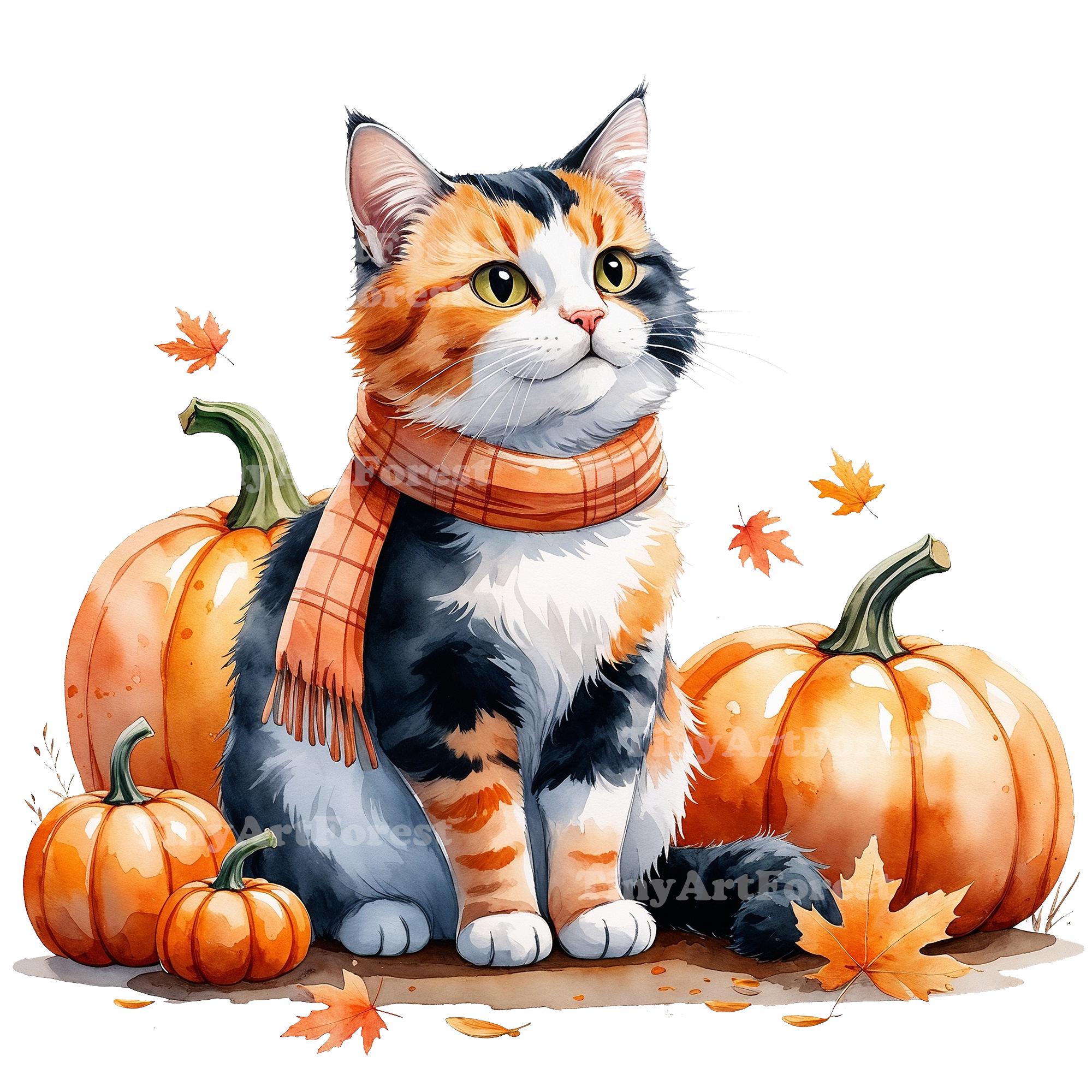 Fall Vibes Cat Clipart Bundle – Cute Kitten Graphics With Pumpkins PNG ...