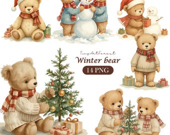 Aquarel kerstteddy-clipart – Gezellige vakantieafbeeldingen, leuke feestelijke kunstset