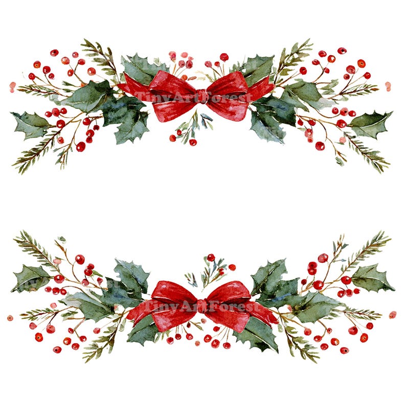 Puede incluir: Ilustraci&oacute;n en acuarela de dos guirnaldas navide&ntilde;as. Cada guirnalda presenta bayas rojas, hojas verdes de acebo y un lazo rojo. El texto "TinyArtForest" es visible en el lazo.