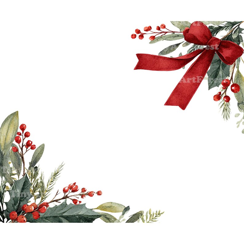 Puede incluir: Ilustraci&oacute;n en acuarela con decoraci&oacute;n navide&ntilde;a. La imagen muestra ramitas de acebo con bayas rojas, hojas verdes y una cinta roja festiva, ideal para dise&ntilde;os tem&aacute;ticos de vacaciones y manualidades de temporada.