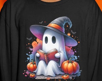 Fantasma de Halloween PNG – Design de sublimação com vibrações assustadoras, abóboras e fantasma lendo.