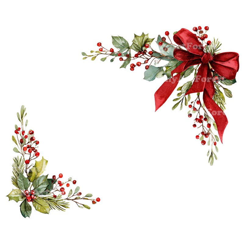 Puede incluir: Ilustraci&oacute;n en acuarela de decoraciones navide&ntilde;as en las esquinas. Presenta un gran lazo rojo con cintas fluidas, hojas de acebo, bayas rojas y ramitas de vegetaci&oacute;n. El dise&ntilde;o est&aacute; sobre un fondo blanco, creando un aspecto festivo y elegante.