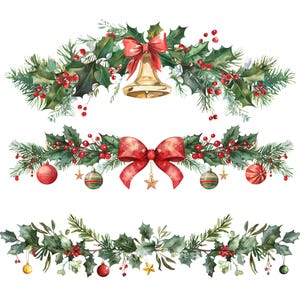 Pode incluir: Ilustrações em aquarela de guirlandas de Natal. Cada guirlanda apresenta folhas verdes de azevinho, bagas vermelhas e ornamentos festivos. Uma guirlanda inclui um sino dourado e um laço vermelho. Outras guirlandas têm laços vermelhos e ornamentos pendurados.