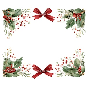 Puede incluir: Ilustraci&oacute;n en acuarela con cuatro arreglos de esquina de hojas verdes, bayas rojas y agujas de pino, junto con dos lazos rojos. El dise&ntilde;o est&aacute; sobre un fondo blanco, evocando un tema festivo navide&ntilde;o.