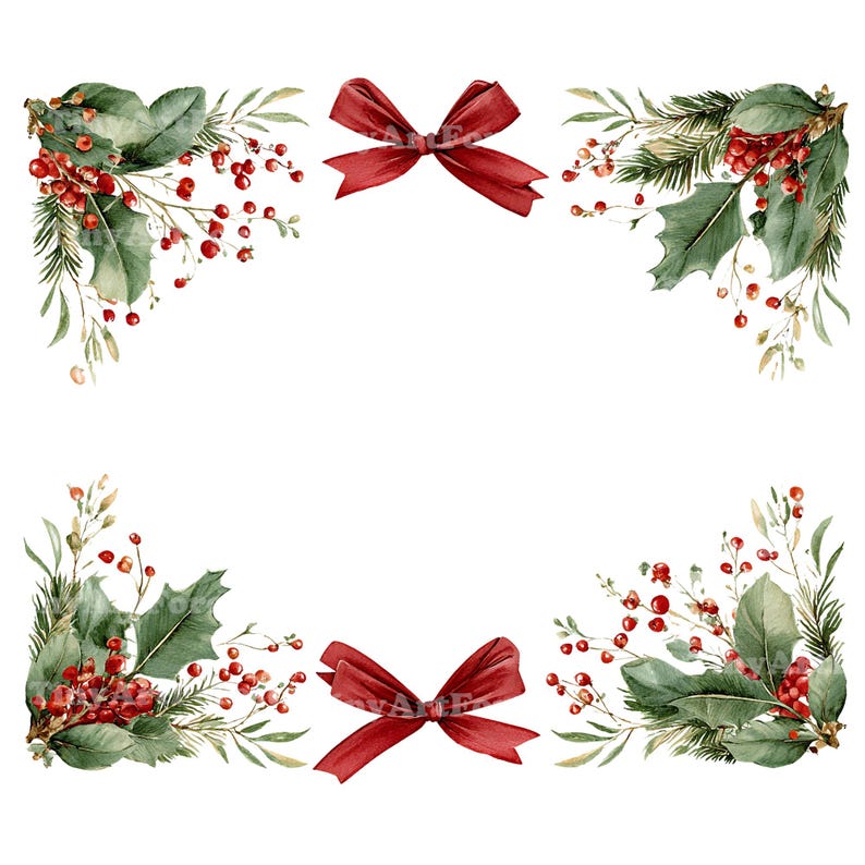 Puede incluir: Ilustraci&oacute;n en acuarela con cuatro arreglos de esquina de hojas verdes, bayas rojas y agujas de pino, junto con dos lazos rojos. El dise&ntilde;o est&aacute; sobre un fondo blanco, evocando un tema festivo navide&ntilde;o.