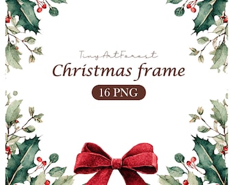 Watercolor Christmas Botanical and Winter Greenery Frame PNG – Invitation Design