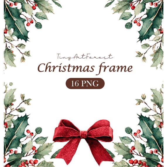 Watercolor Christmas Botanical and Winter Greenery Frame PNG – Invitation Design