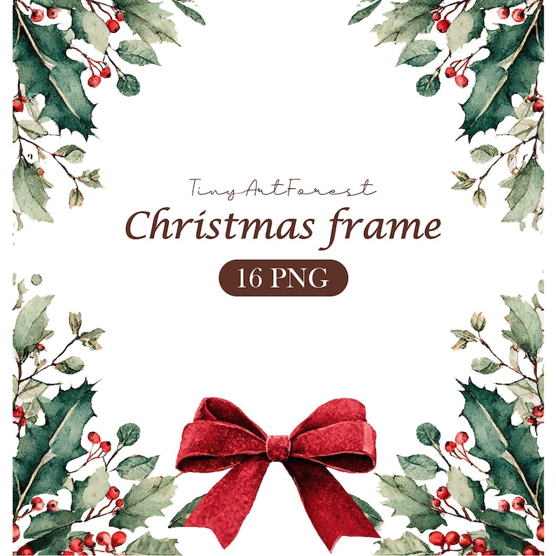 Watercolor Christmas Botanical and Winter Greenery Frame PNG – Invitation Design