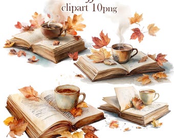 Cozy Books and Coffee Clipart – Watercolor Autumn PNG with Fall Vibes for Book Lovers