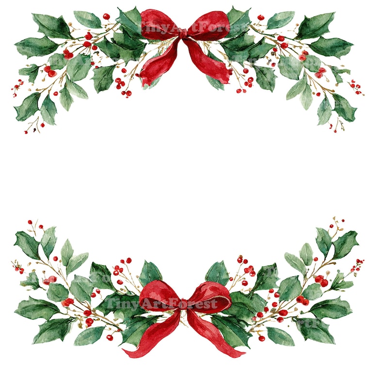 Puede incluir: Ilustraci&oacute;n en acuarela de una corona navide&ntilde;a con hojas verdes, bayas rojas y un lazo rojo. El texto "TinyArtForest" es visible en el lazo. La corona est&aacute; dispuesta en forma de semic&iacute;rculo, ideal para decoraciones navide&ntilde;as.