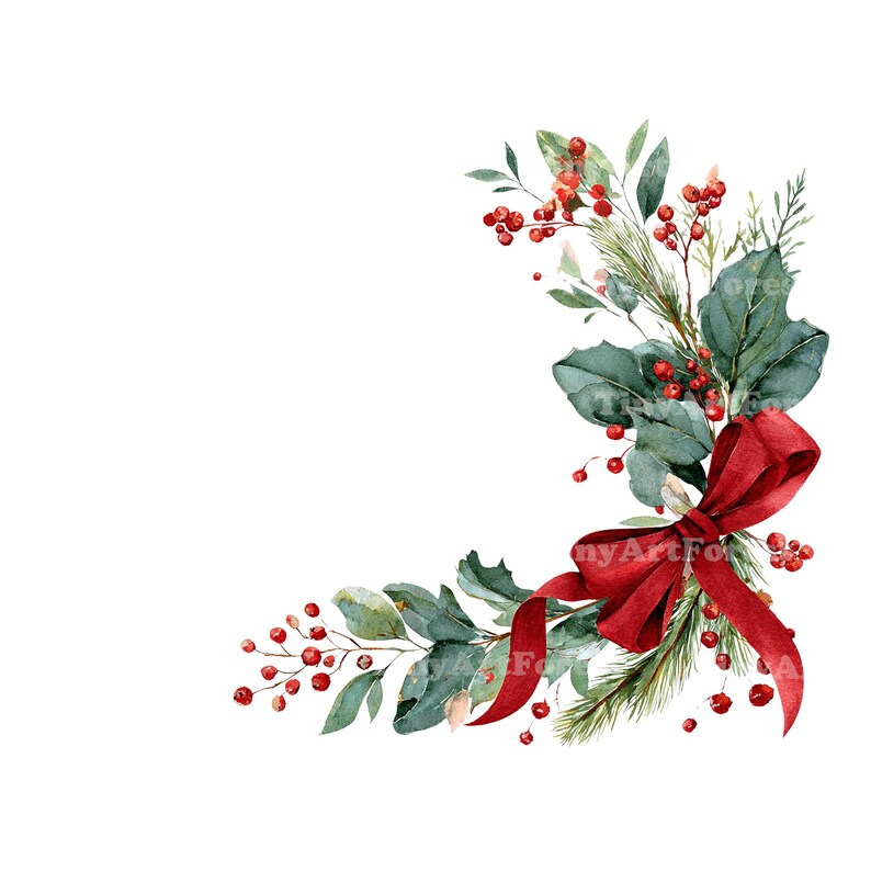 Puede incluir: Ilustraci&oacute;n en acuarela de un arreglo de esquina festivo. Presenta un lazo rojo oscuro, ramitas de pino verde y ramas frondosas con bayas rojas. Perfecto para manualidades y decoraciones tem&aacute;ticas navide&ntilde;as.