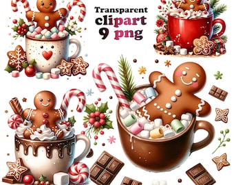 Puede incluir: Ilustración digital de hombres de jengibre en tazas de chocolate caliente y café, rodeados de bastones de caramelo, malvaviscos y cuadrados de chocolate. También se incluye el texto "Transparent clipart 9 png".