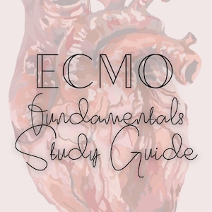 May include: A digital illustration of a human heart in shades of red and brown, with the text "ECMO Fundamentals Study Guide" in black script. The background is a soft pink.