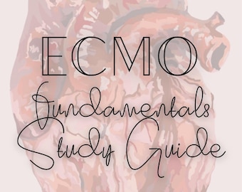 Può includere: Illustrazione digitale di un cuore umano nei toni del rosso e del marrone, con il testo "ECMO Fundamentals Study Guide" in corsivo nero. Lo sfondo è rosa tenue.